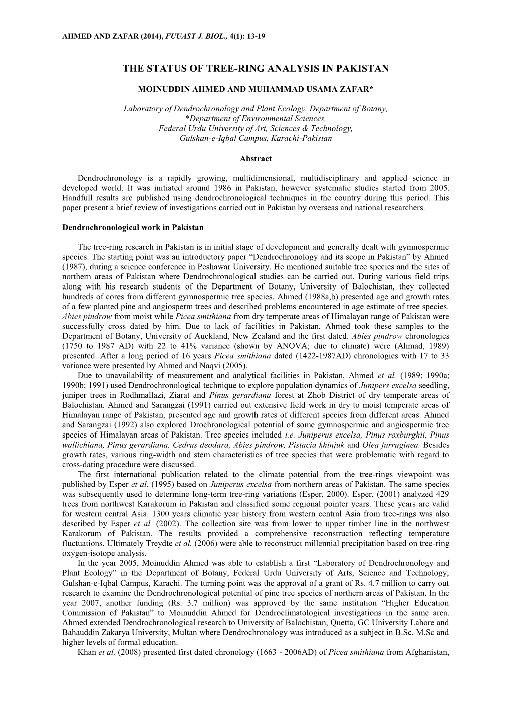 The Status of Tree-Ring Analysis in Pakistan