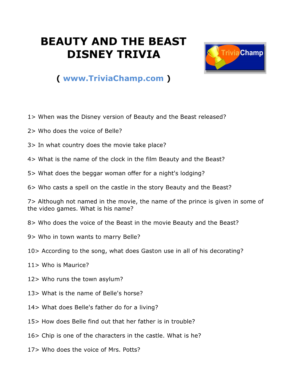 Beauty and the Beast Disney Trivia