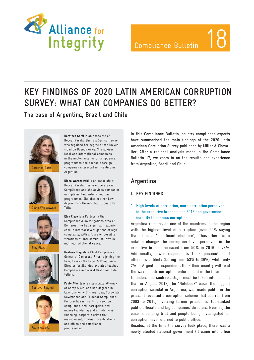 KEY FINDINGS of 2020 LATIN AMERICAN CORRUPTION SURVEY: WHAT CAN COMPANIES DO BETTER? the Case of Argentina, Brazil and Chile