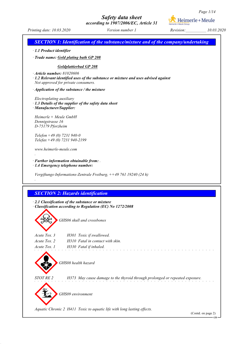 Safety Data Sheet According to 1907/2006/EC, Article 31 Printing Date: 10.03.2020 Version Number 1 Revision:______10.03.2020