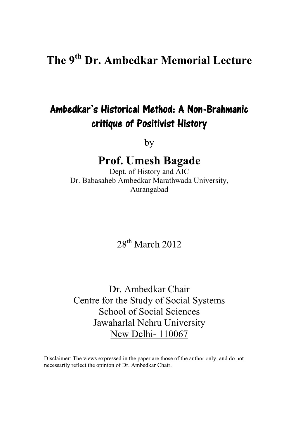 9Th Dr. Ambedkar Memorial Lecture