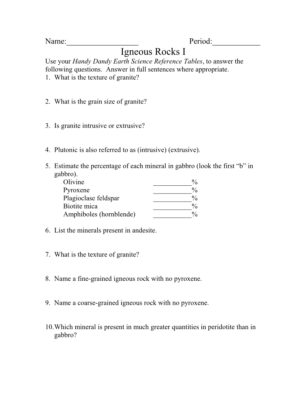 Igneous Rocks I