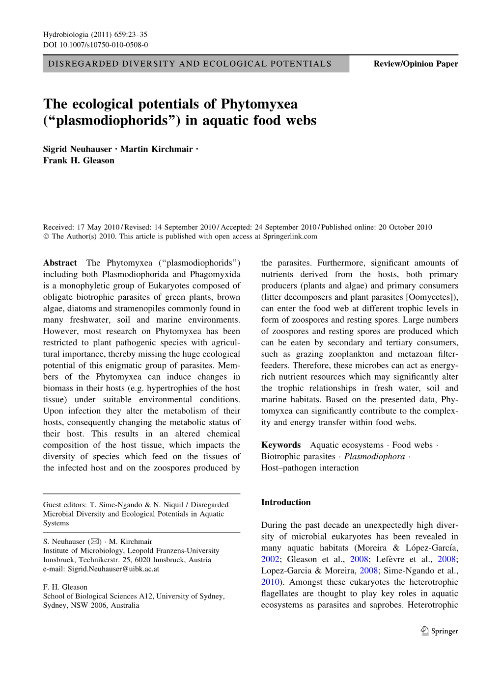 The Ecological Potentials of Phytomyxea (''Plasmodiophorids