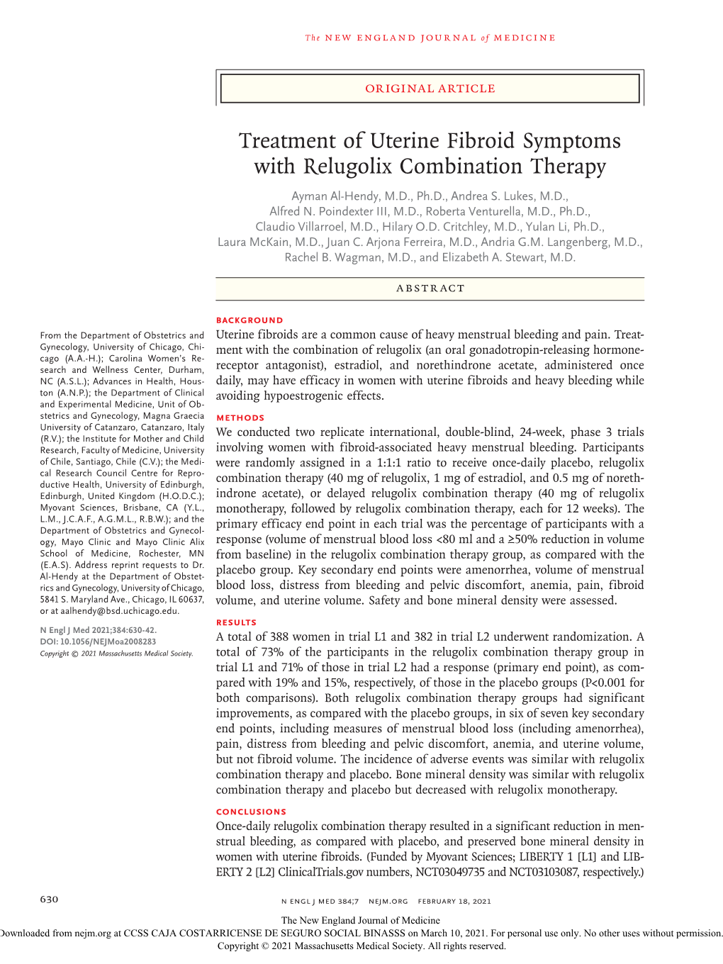 Treatment of Uterine Fibroid Symptoms with Relugolix Combination Therapy Ayman Al‑Hendy, M.D., Ph.D., Andrea S