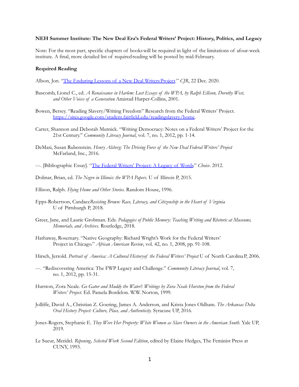 Bibliography NEH Summer Institute FWP.Docx