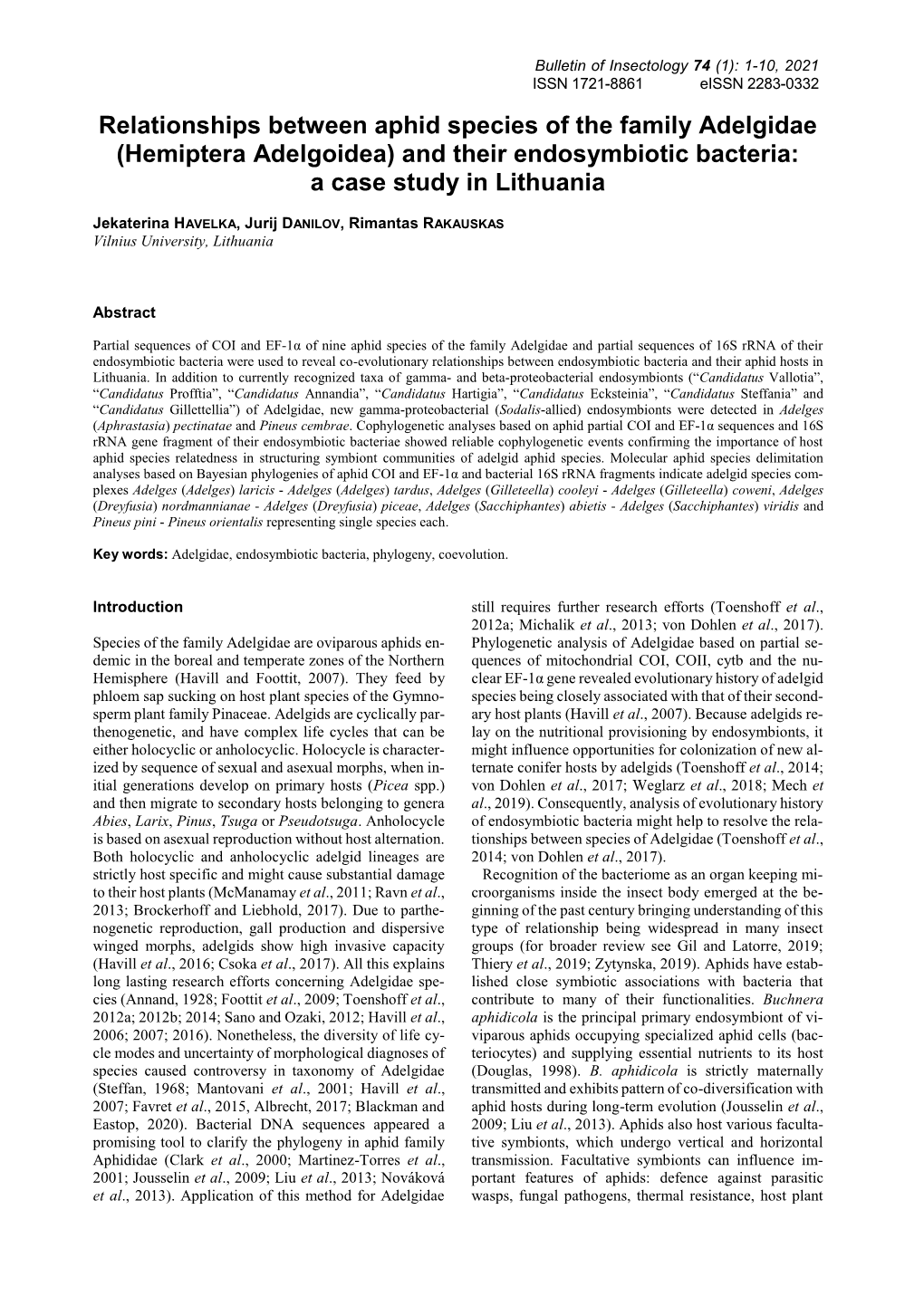 Relationships Between Aphid Species of the Family Adelgidae (Hemiptera Adelgoidea) and Their Endosymbiotic Bacteria: a Case Study in Lithuania