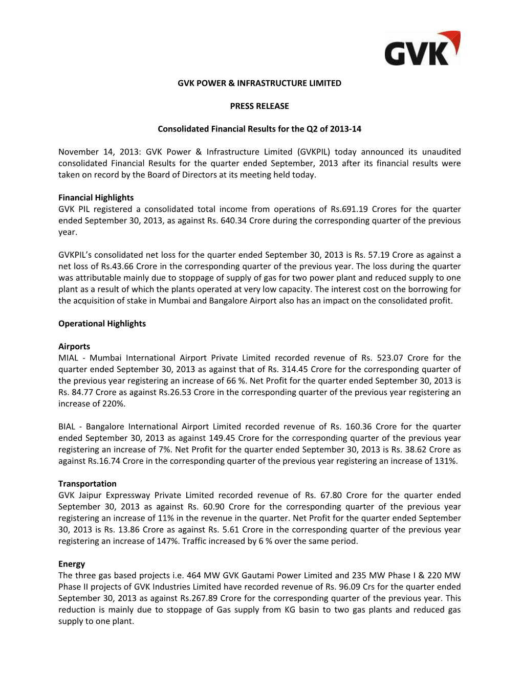 Gvk Power & Infrastructure Limited Press Release