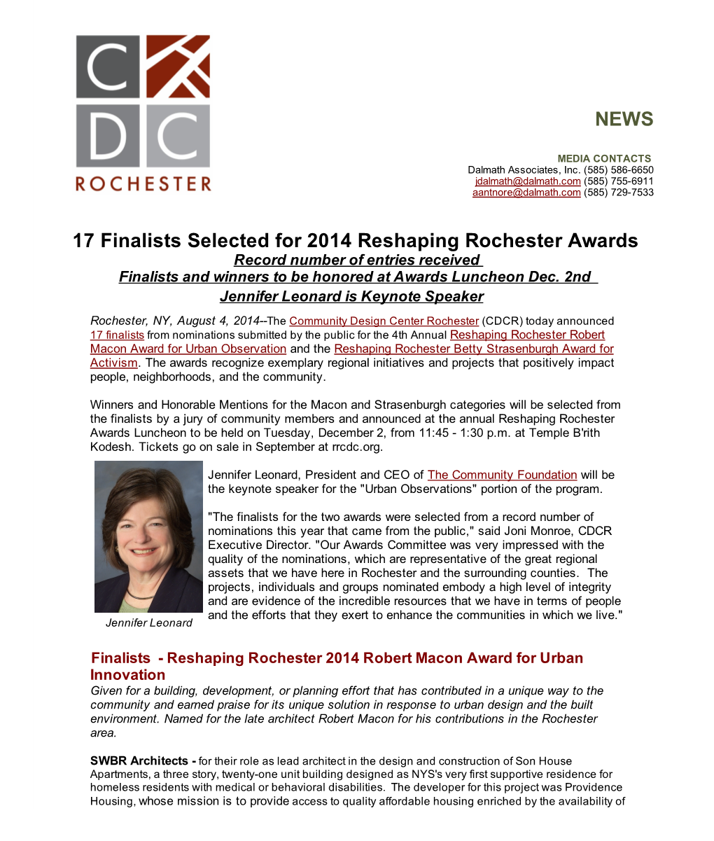 NEWS 17 Finalists Selected for 2014 Reshaping Rochester Awards