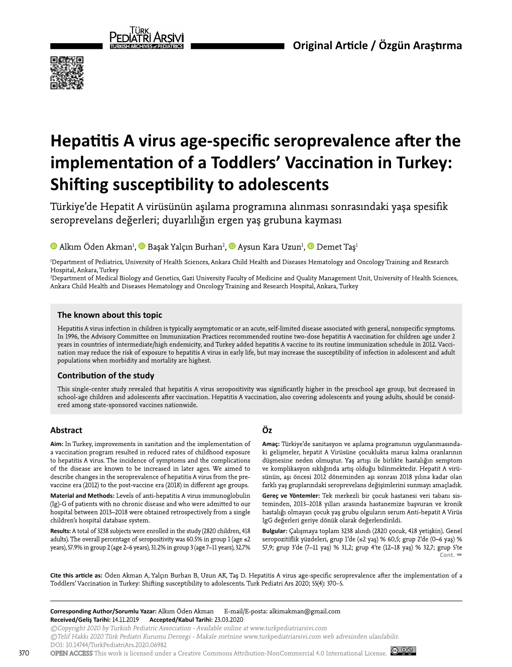 Hepatitis a Virus Age-Specific Seroprevalence After The