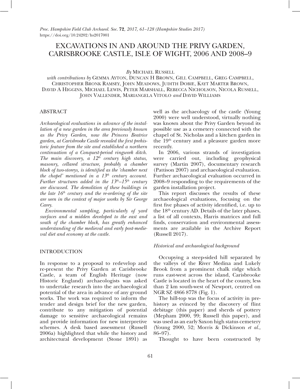 Excavations in and Around the Privy Garden, Carisbrooke Castle, Isle of Wight, 2006 and 2008–9