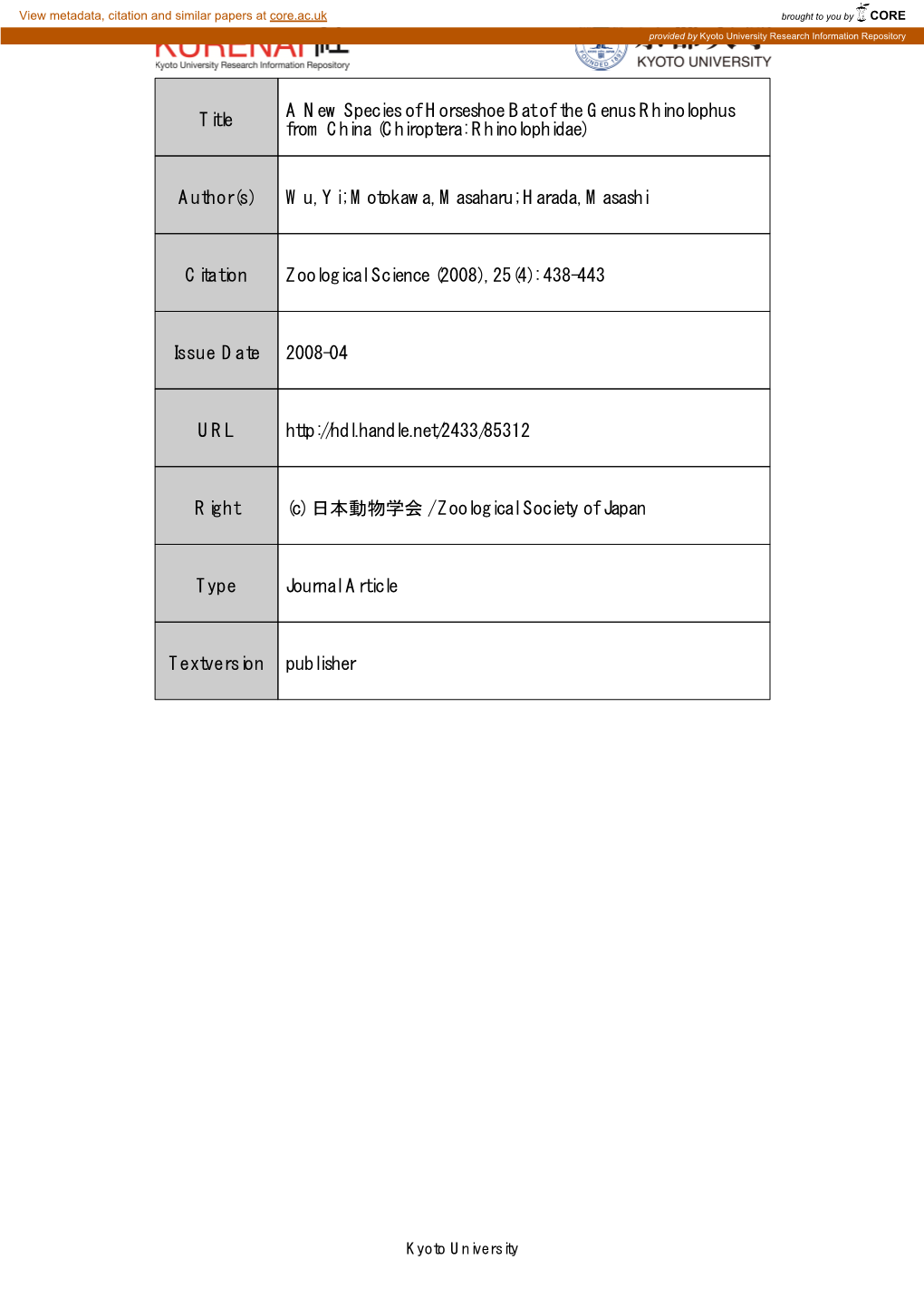 Title a New Species of Horseshoe Bat of the Genus Rhinolophus from China