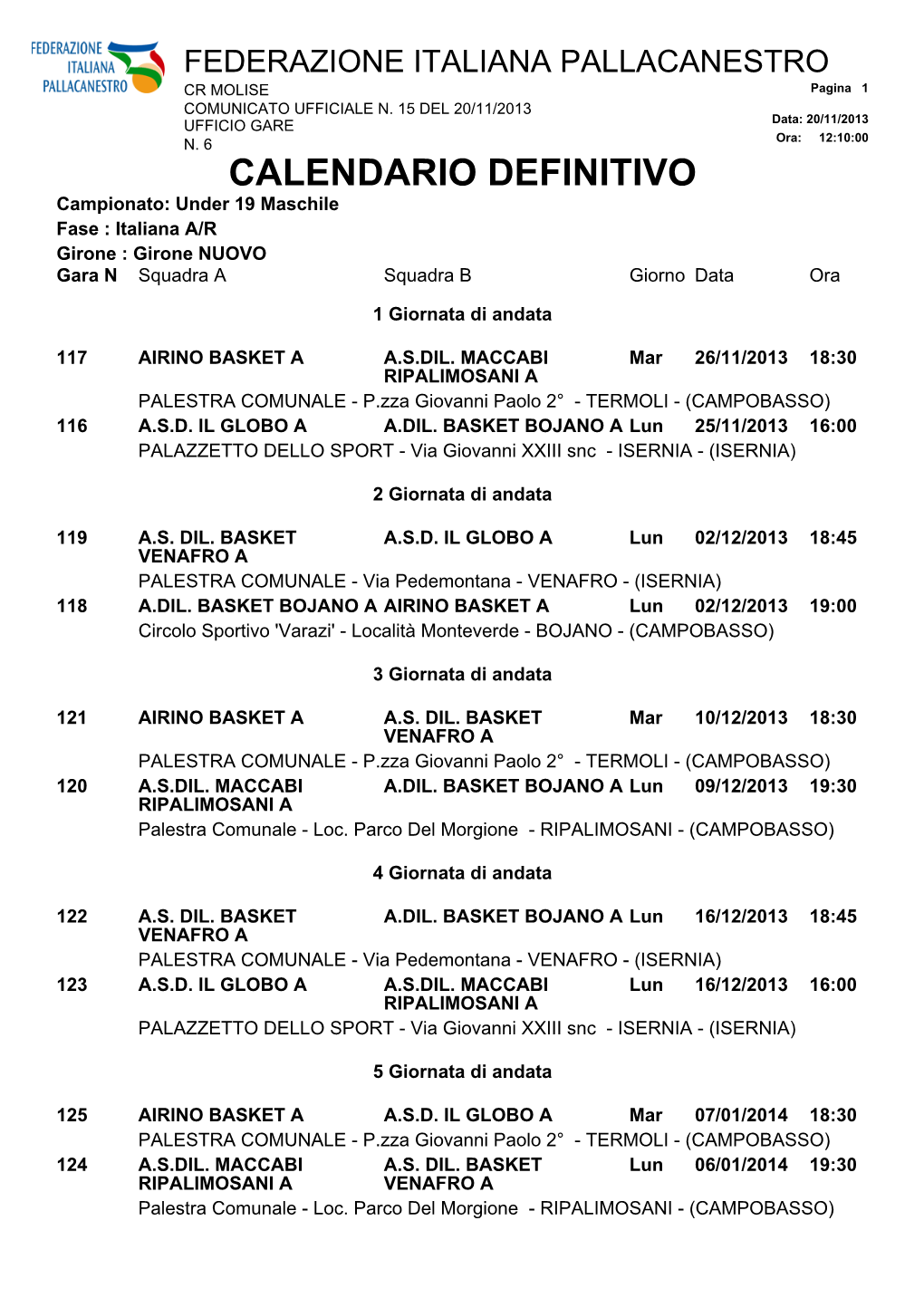 CALENDARIO DEFINITIVO Campionato: Under 19 Maschile Fase : Italiana A/R Girone : Girone NUOVO Gara N Squadra a Squadra B Giorno Data Ora