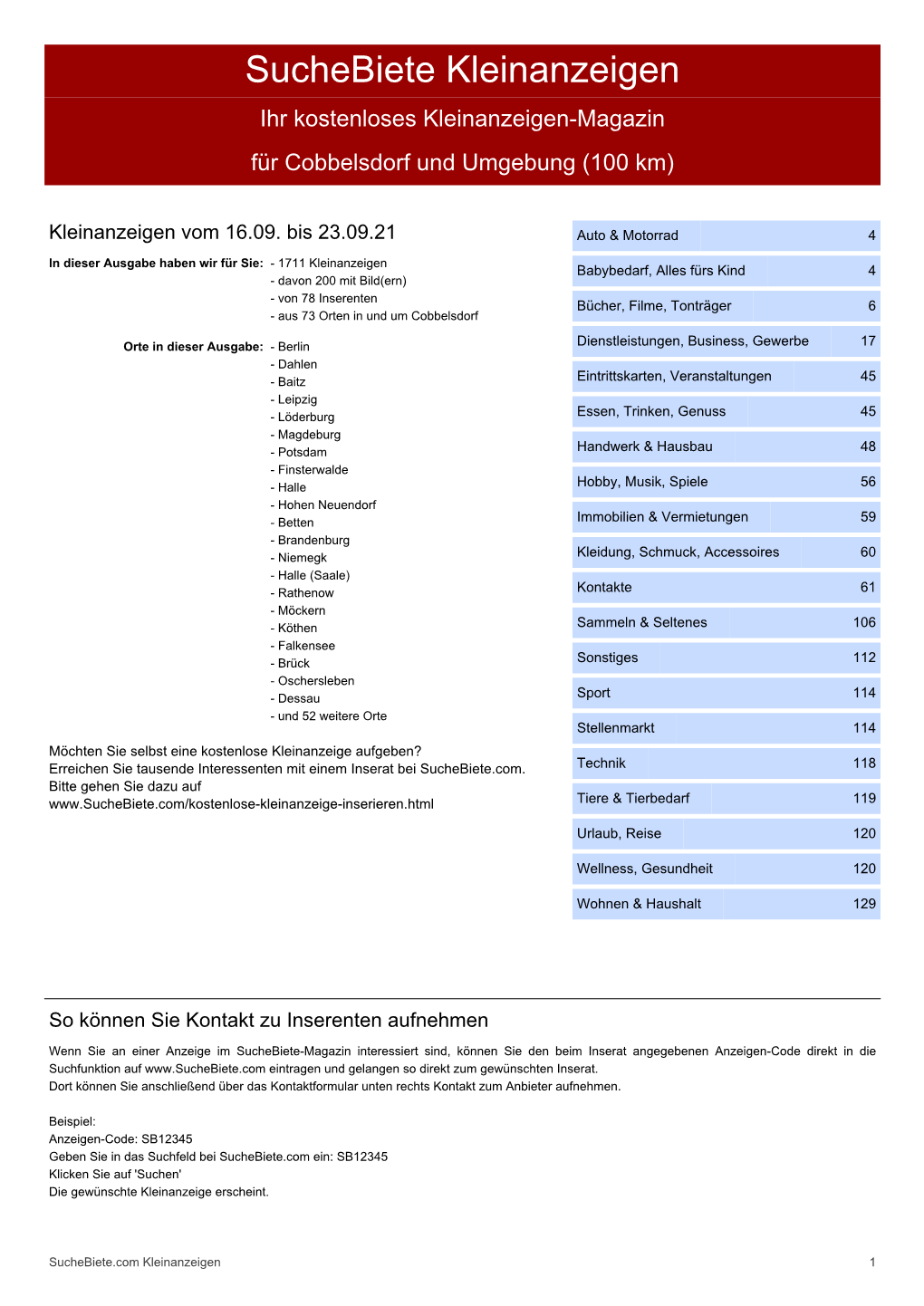 Suchebiete Kleinanzeigenzeitung Cobbelsdorf