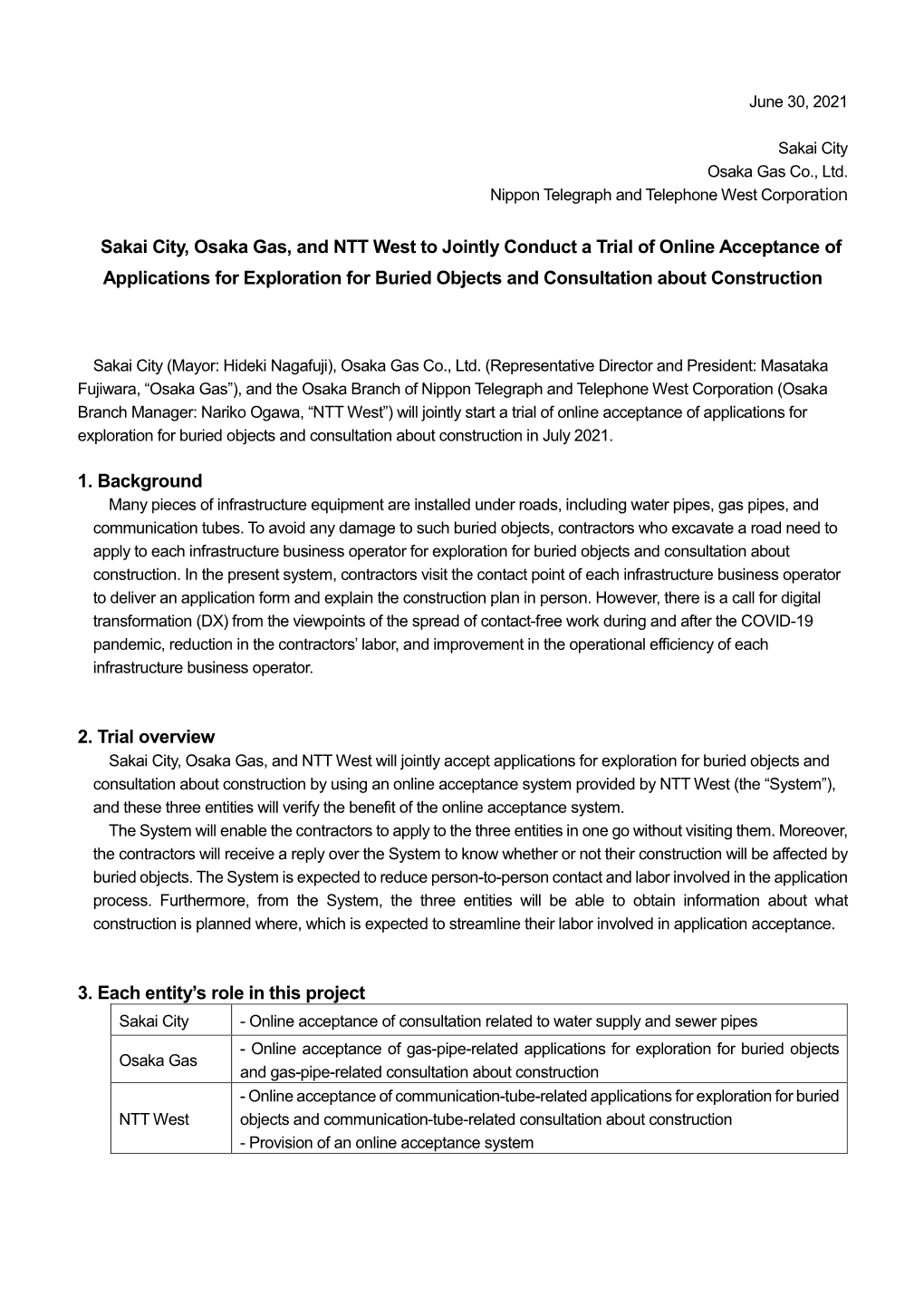 Sakai City, Osaka Gas, and NTT West to Jointly Conduct a Trial of Online