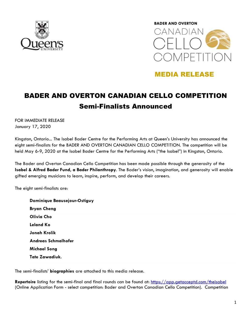 BADER and OVERTON CANADIAN CELLO COMPETITION Semi-Finalists Announced