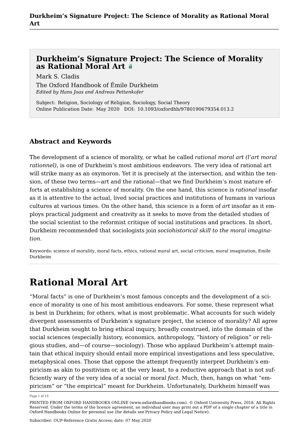 Durkheim's Signature Project: the Science of Morality As Rational Moral