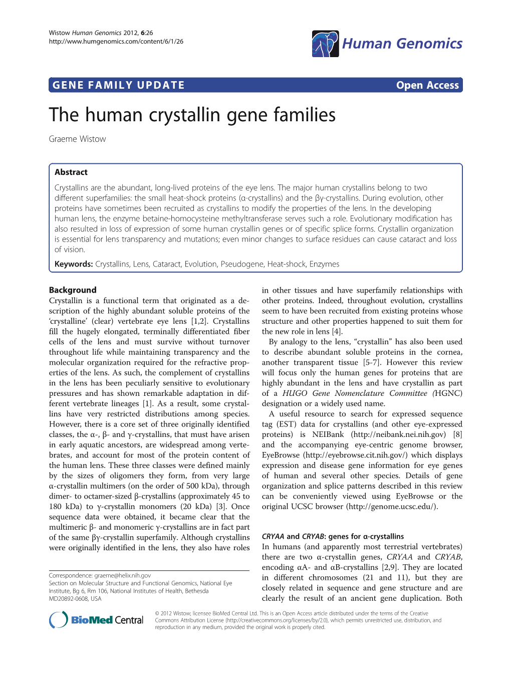 The Human Crystallin Gene Families Graeme Wistow