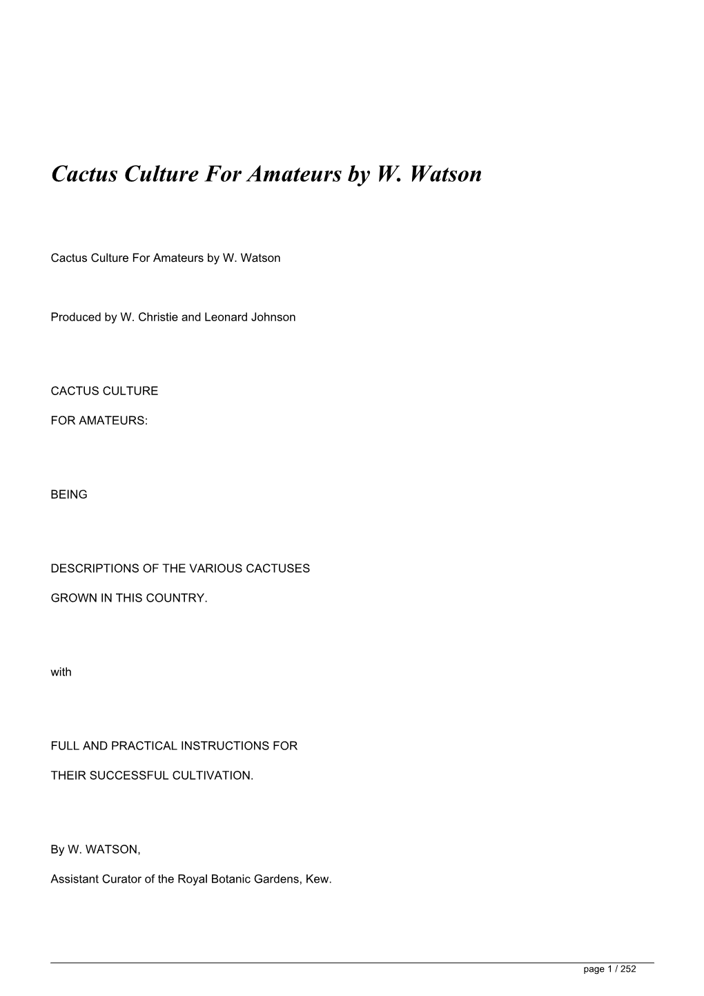 Cactus Culture for Amateurs by W. Watson&lt;/H1&gt;