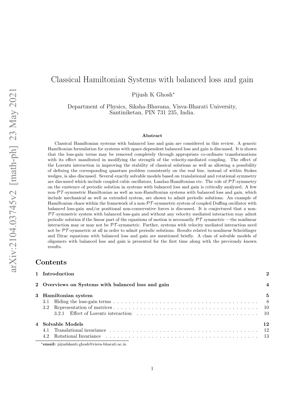 Arxiv:2104.03745V2 [Math-Ph] 23 May 2021 Ovbemodels Solvable 4 Gain System and Hamiltonian Loss Balanced 3 with Systems on Overviews 2 Introduction 1 Contents ∗