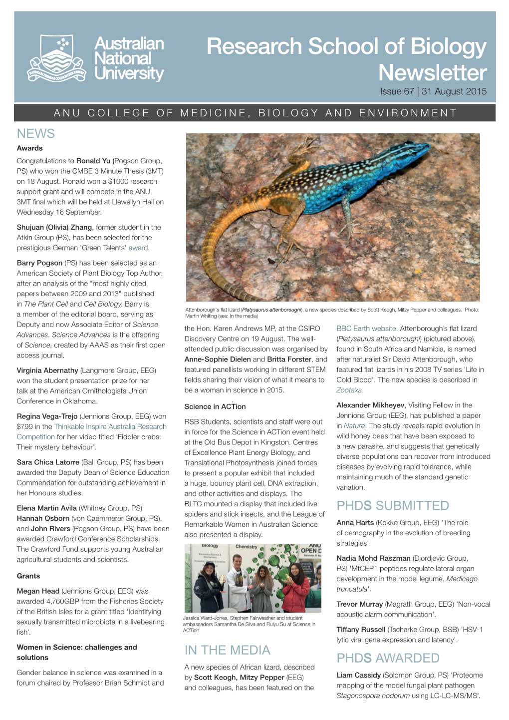 Research School of Biology Newsletter Issue 67 | 31 August 2015