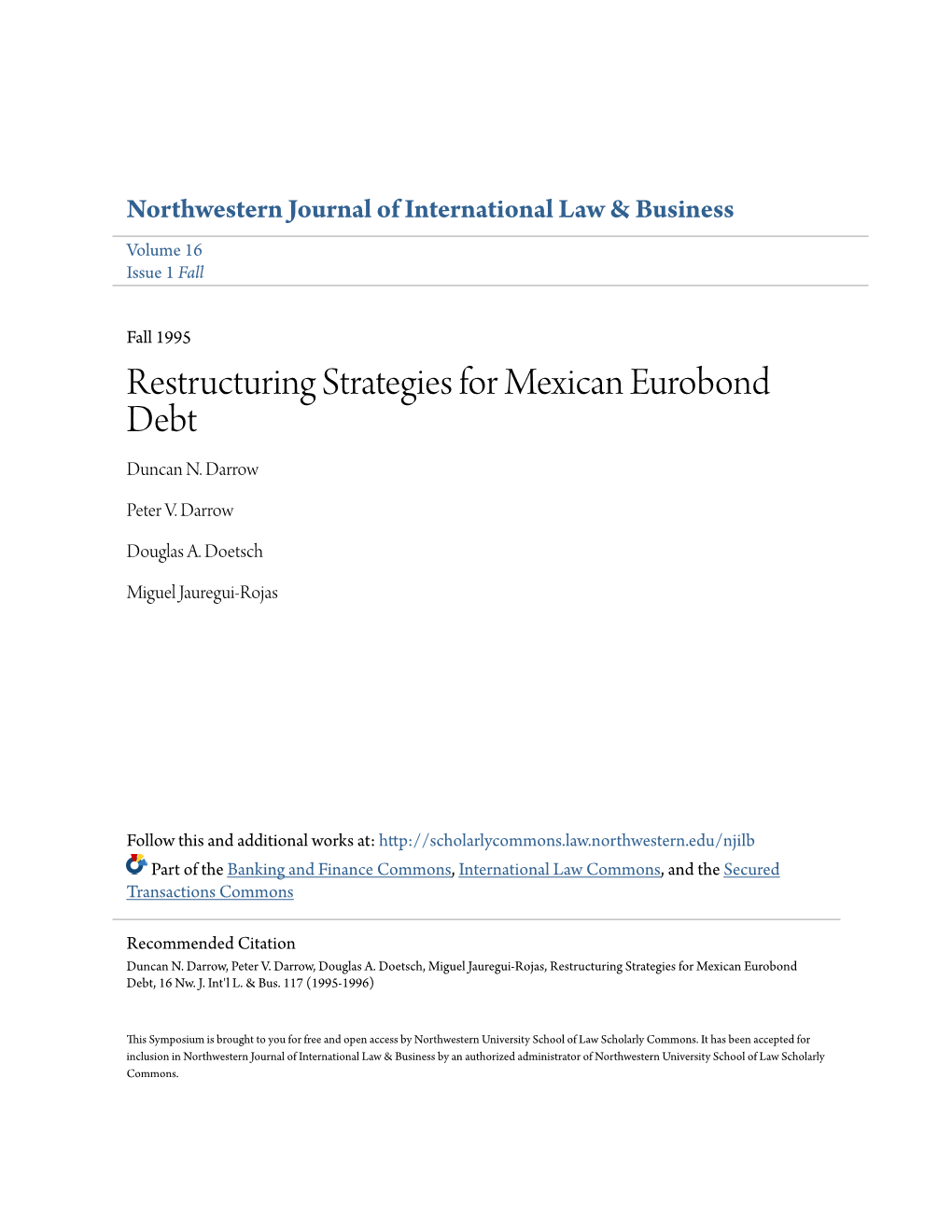 Restructuring Strategies for Mexican Eurobond Debt Duncan N
