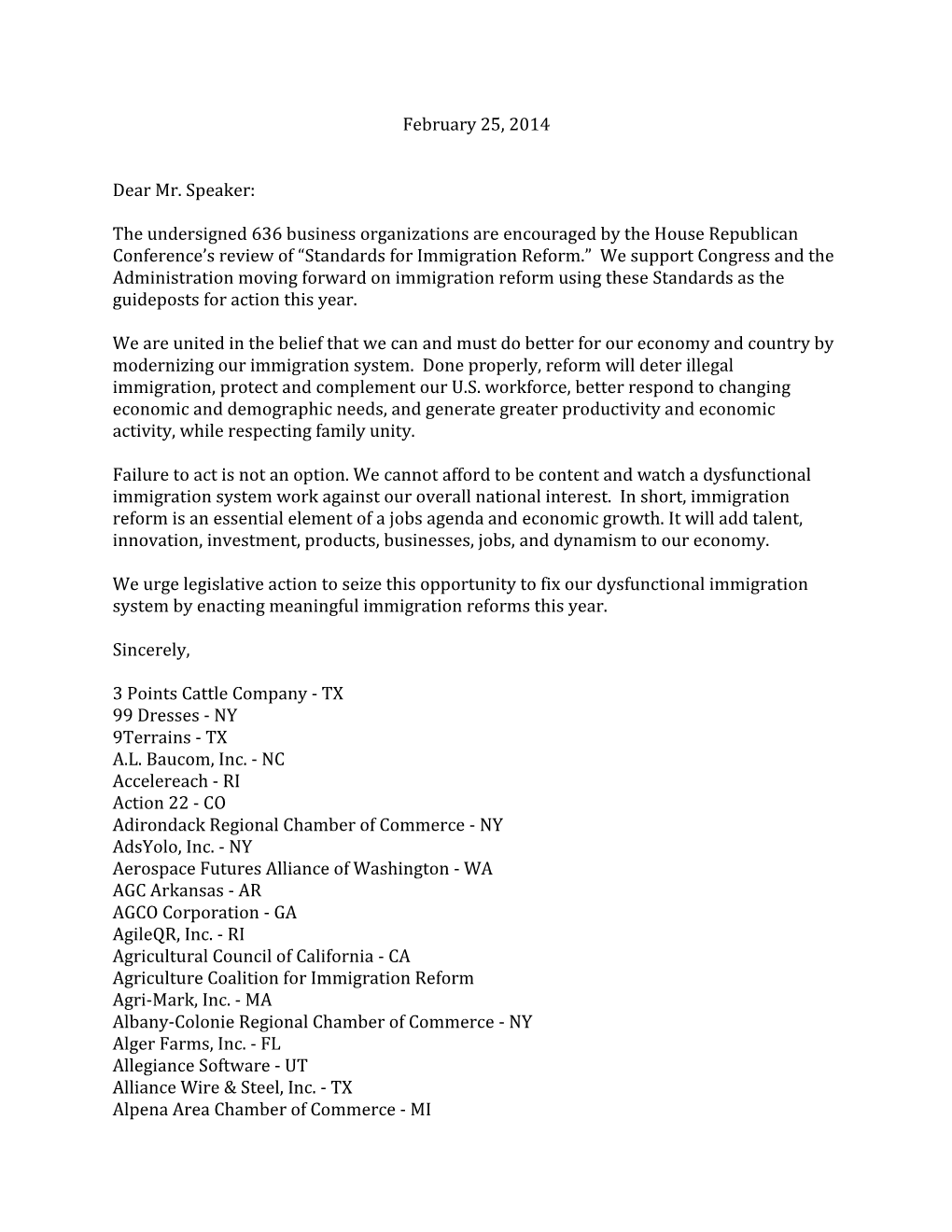 Multi-Industry Letter on Immigration Reform