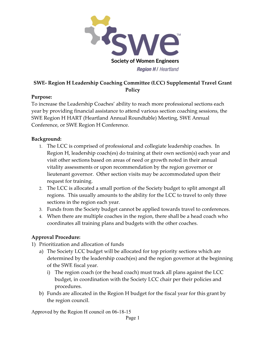 Region H LCC Supplemental Travel Grant Policy