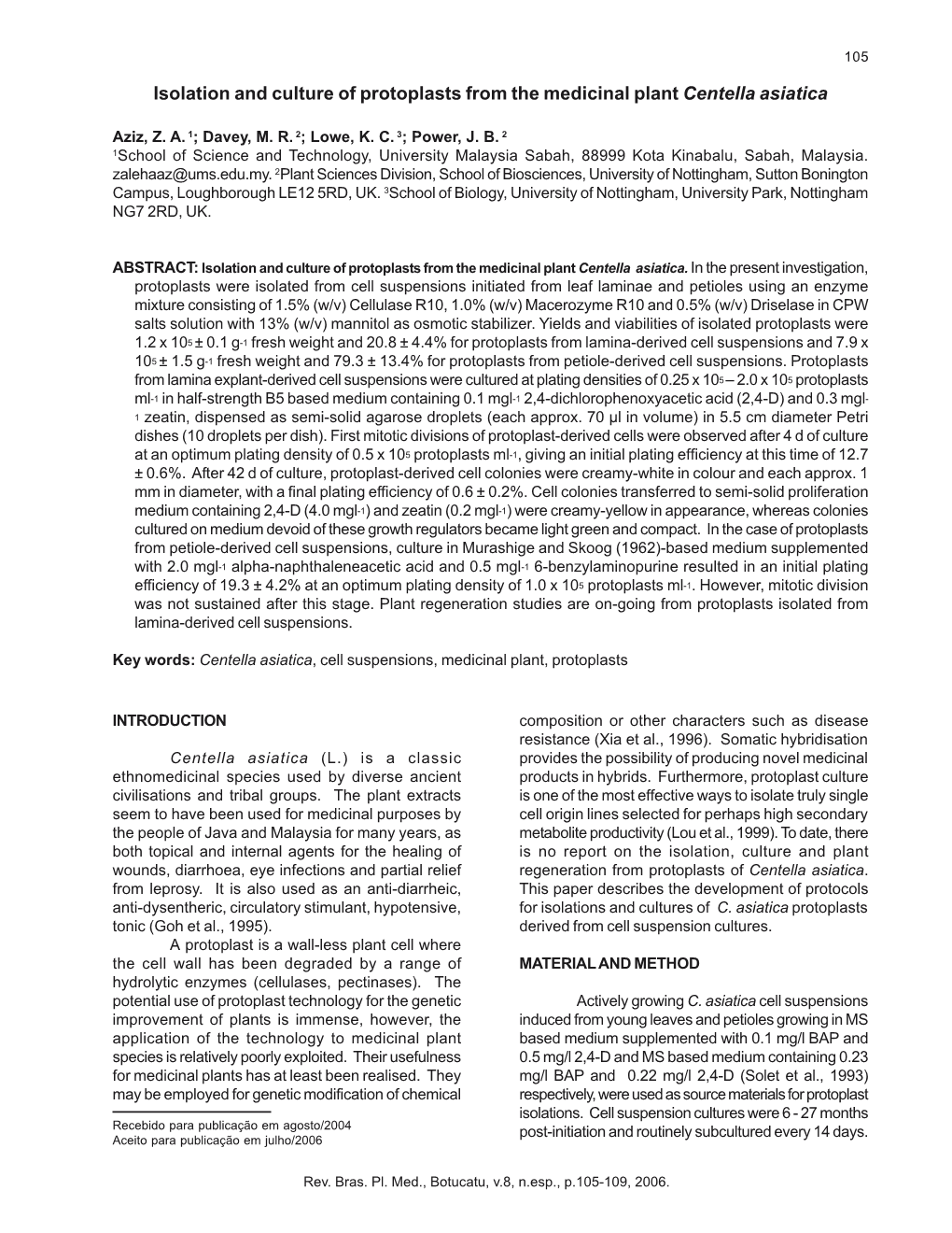 Isolation and Culture of Protoplasts from the Medicinal Plant Centella Asiatica