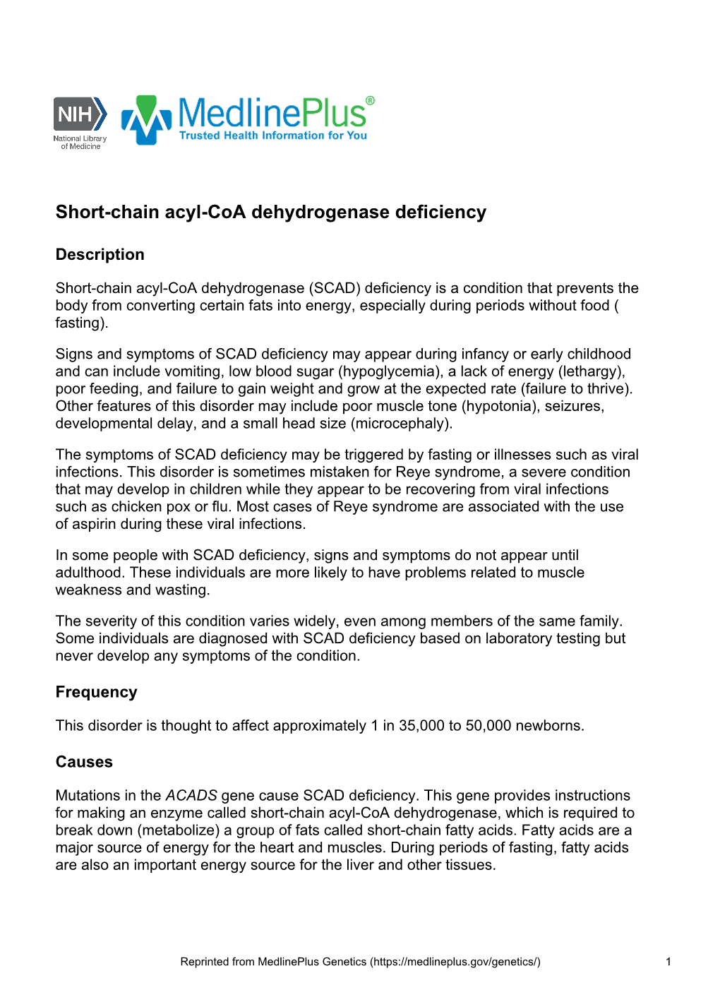 Short-Chain Acyl-Coa Dehydrogenase Deficiency