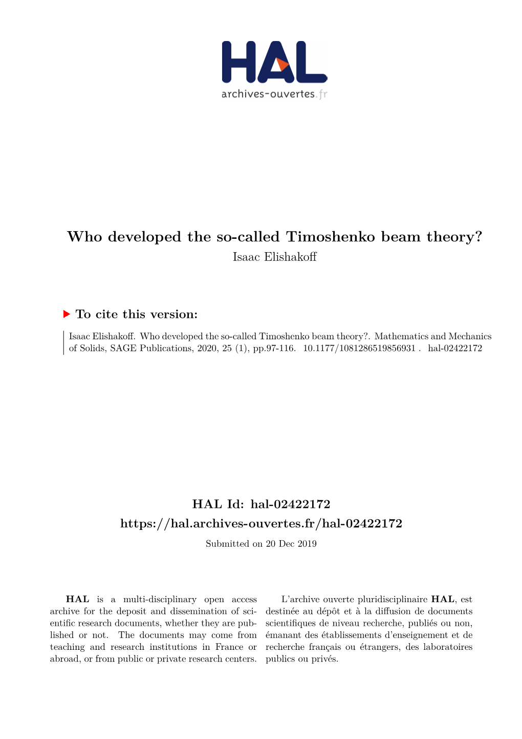 Who Developed the So-Called Timoshenko Beam Theory? Isaac Elishakoff