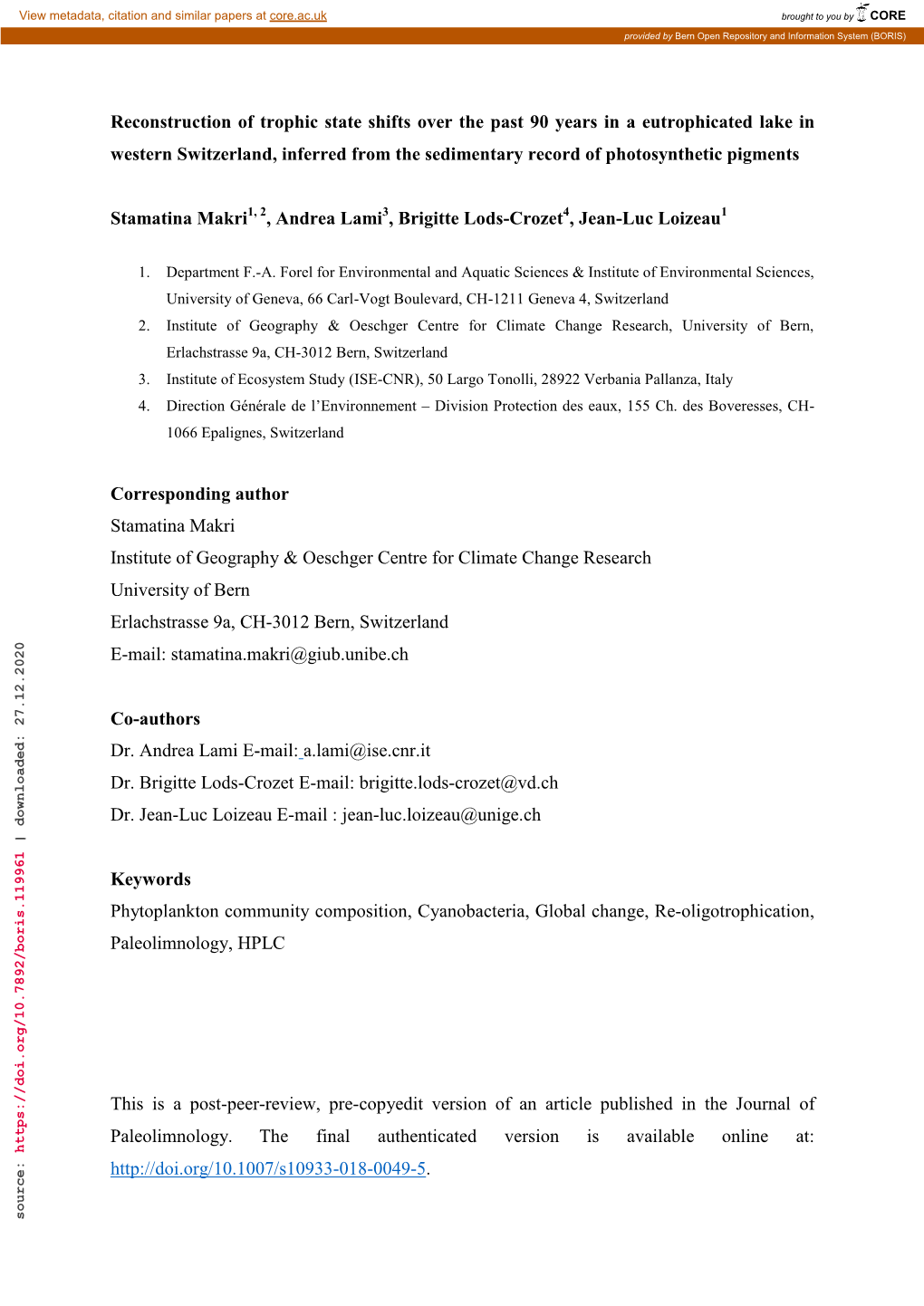 Reconstruction of Trophic State Shifts Over the Past 90 Years in A