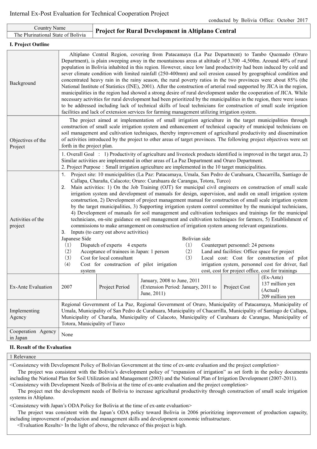 Internal Ex-Post Evaluation for Technical Cooperation Project