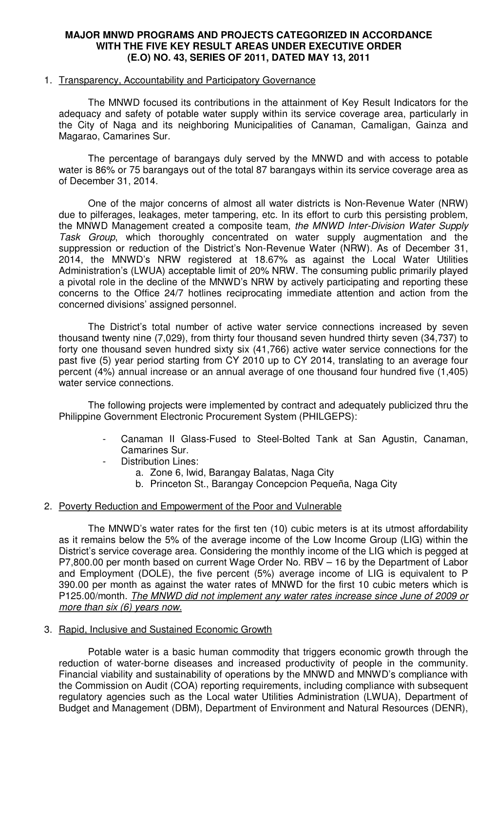 Major Mnwd Programs and Projects Categorized in Accordance with the Five Key Result Areas Under Executive Order (E.O) No. 43, Series of 2011, Dated May 13, 2011