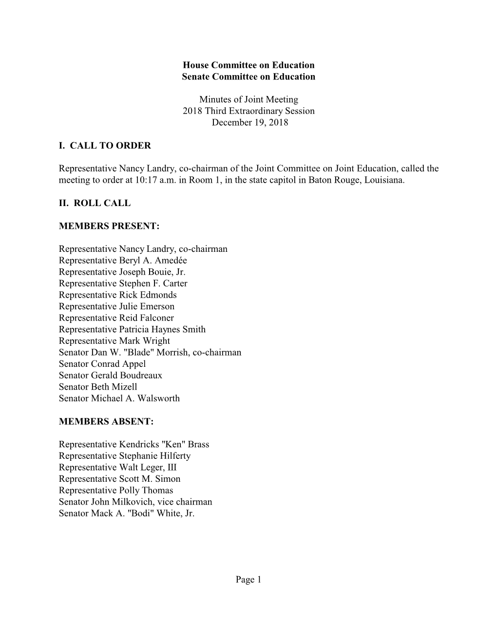 House Committee on Education Senate Committee on Education