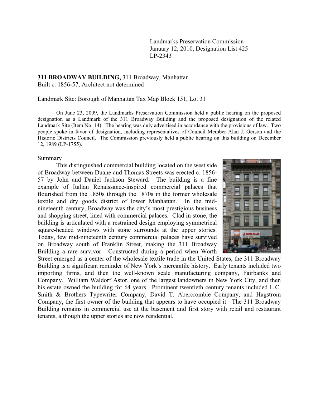 Landmarks Preservation Commission January 12, 2010, Designation List 425 LP-2343