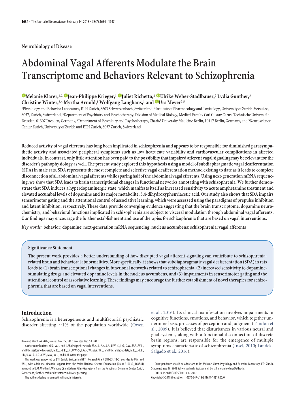 Abdominal Vagal Afferents Modulate the Brain Transcriptome and Behaviors Relevant to Schizophrenia