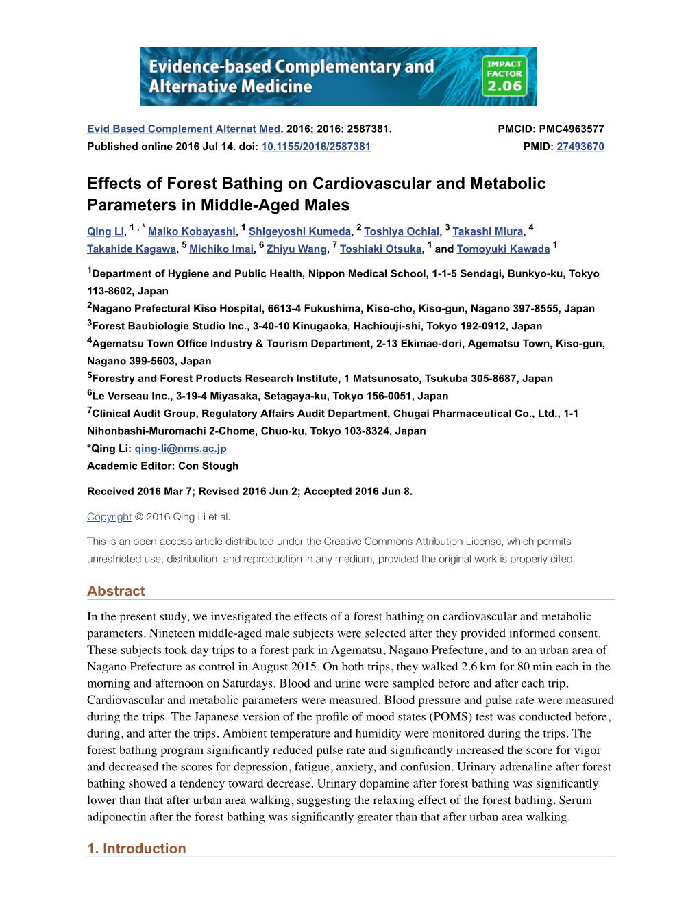 Effects of Forest Bathing on Cardiovascular and Metabolic Parameters in Middle-Aged Males