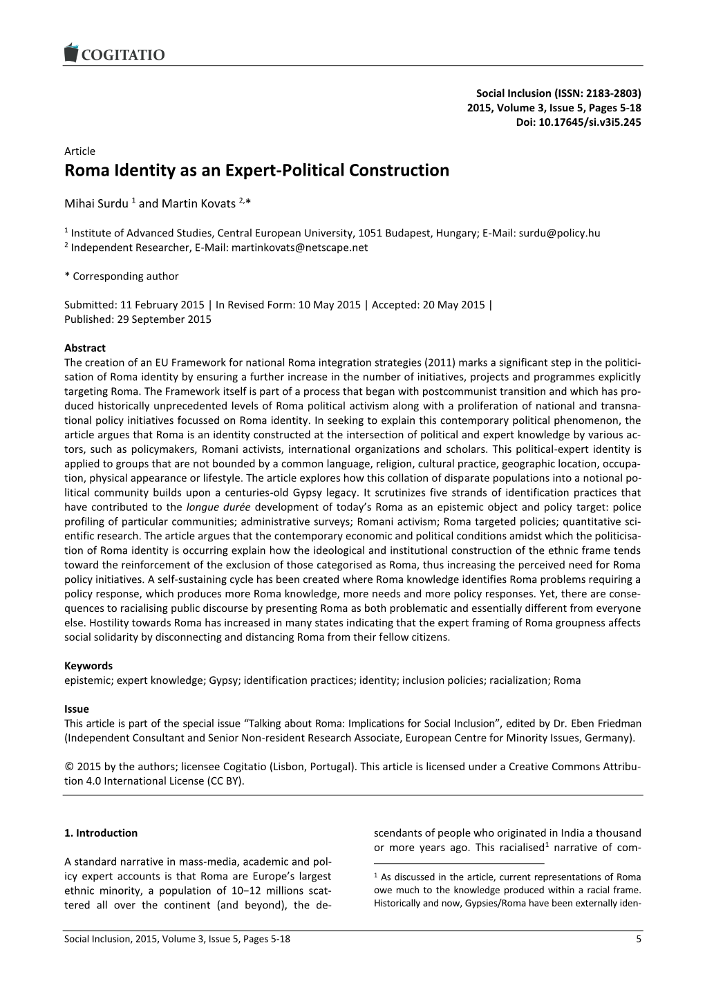 Roma Identity As an Expert-Political Construction