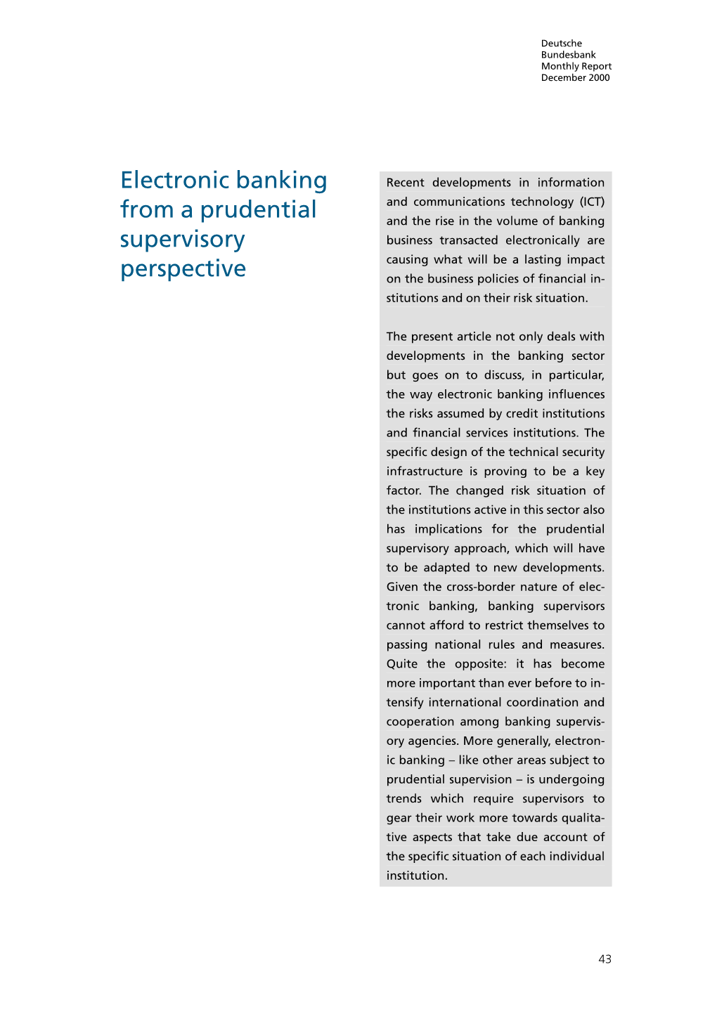 Electronic Banking from a Prudential Supervisory Perspective