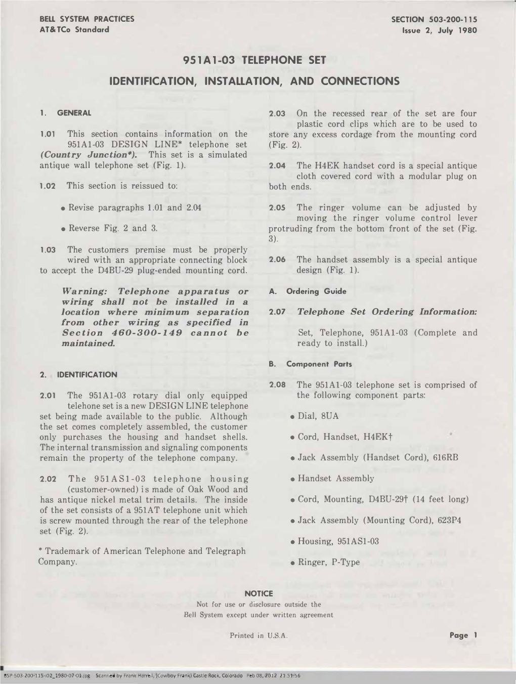 9 51 a 1-03 Telephone Set Identification, Installation