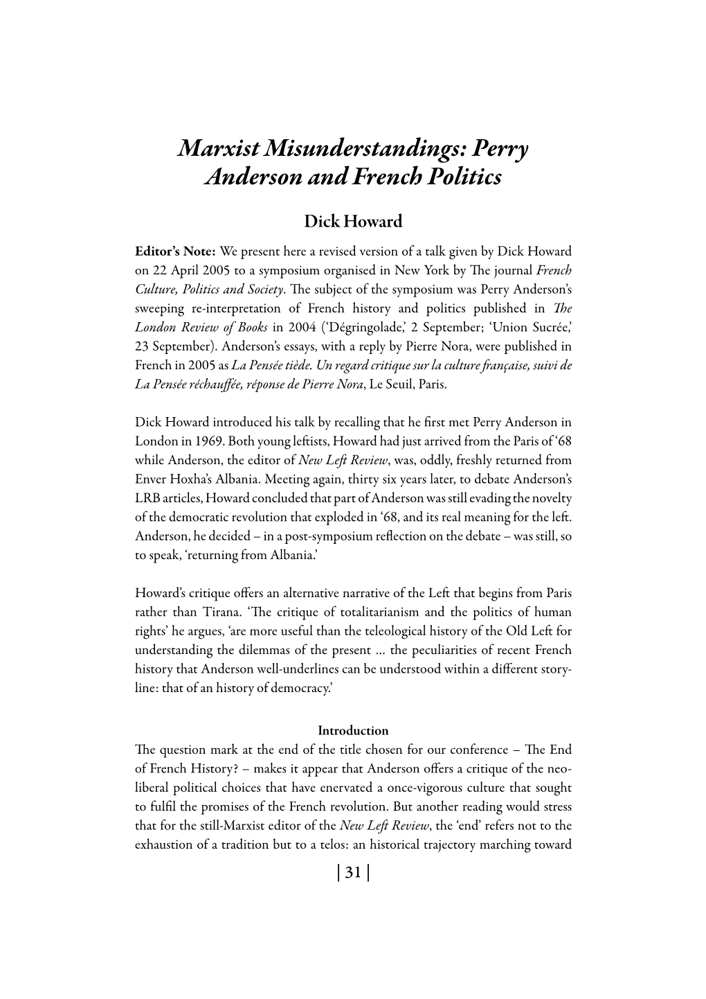 Perry Anderson and French Politics