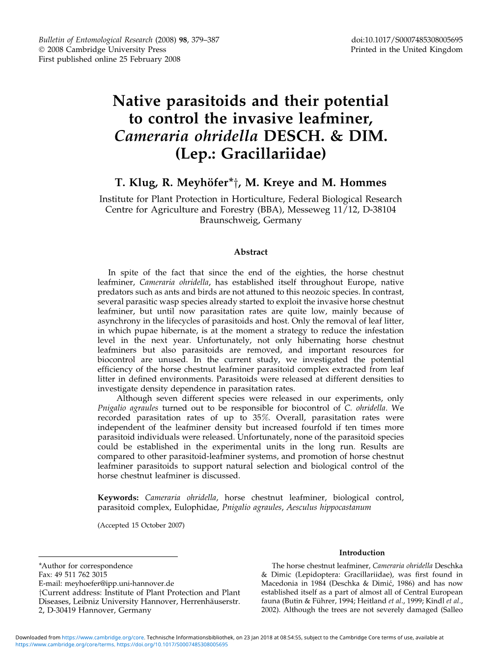 Native Parasitoids and Their Potential to Control the Invasive Leafminer, Cameraria Ohridella DESCH