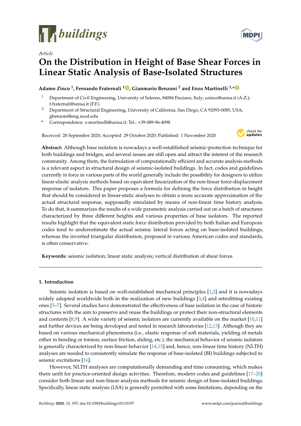 On the Distribution in Height of Base Shear Forces in Linear Static Analysis of Base-Isolated Structures