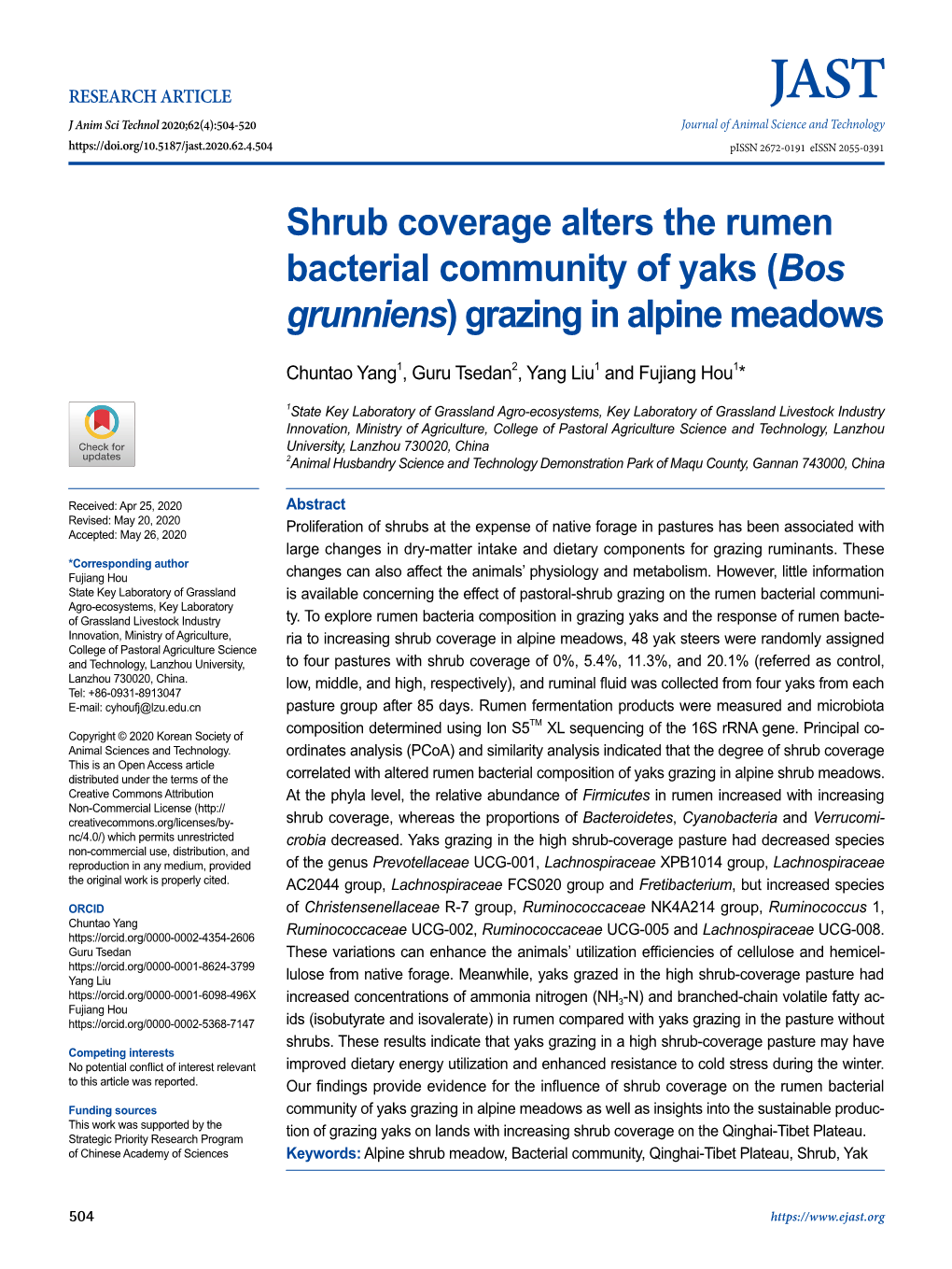 Shrub Coverage Alters the Rumen Bacterial Community of Yaks (Bos Grunniens) Grazing in Alpine Meadows