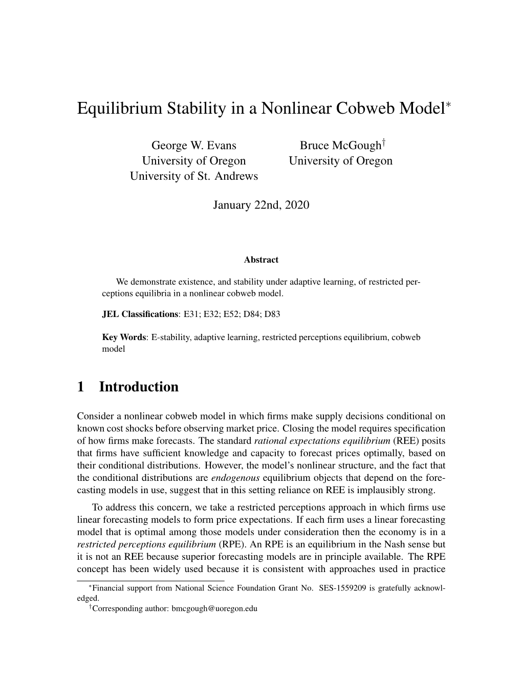 Equilibrium Stability in a Nonlinear Cobweb Model∗