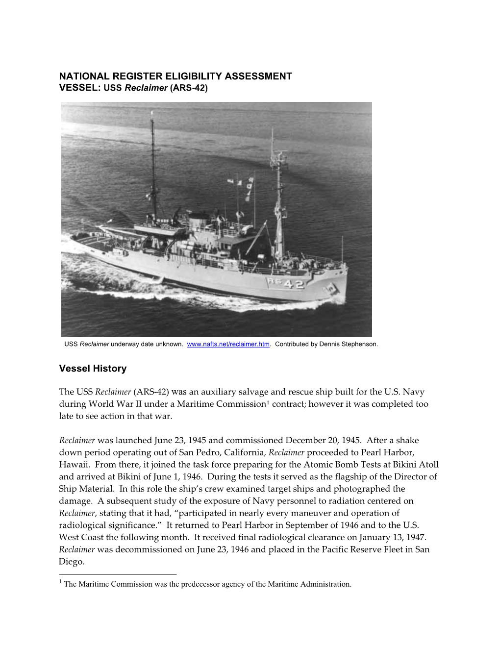 NATIONAL REGISTER ELIGIBILITY ASSESSMENT Vessel History