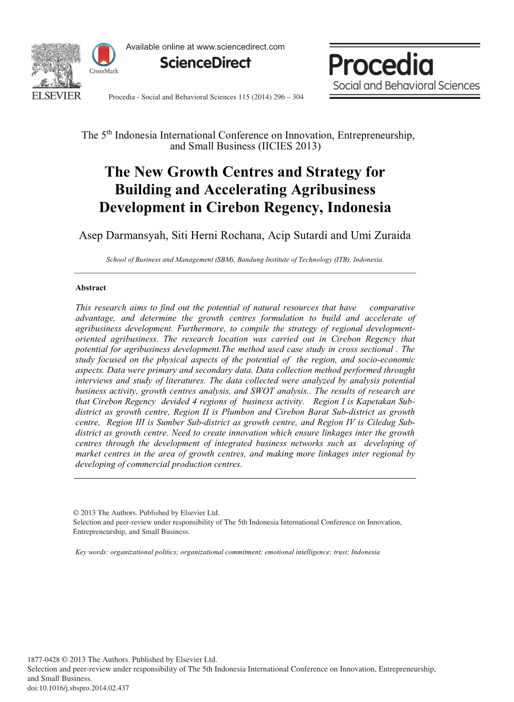 The New Growth Centres and Strategy for Building and Accelerating Agribusiness Development in Cirebon Regency, Indonesia