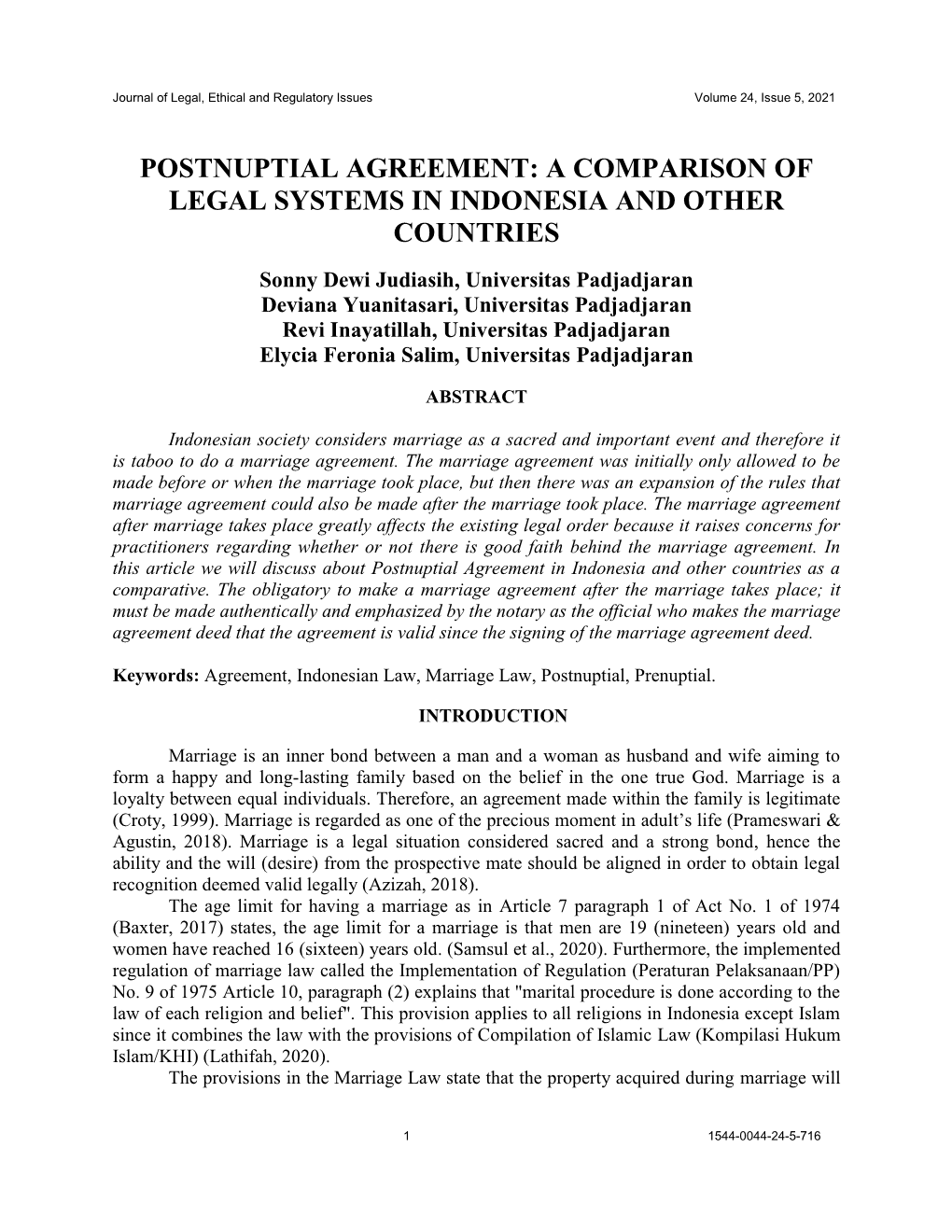 Postnuptial Agreement: a Comparison of Legal Systems in Indonesia and Other Countries