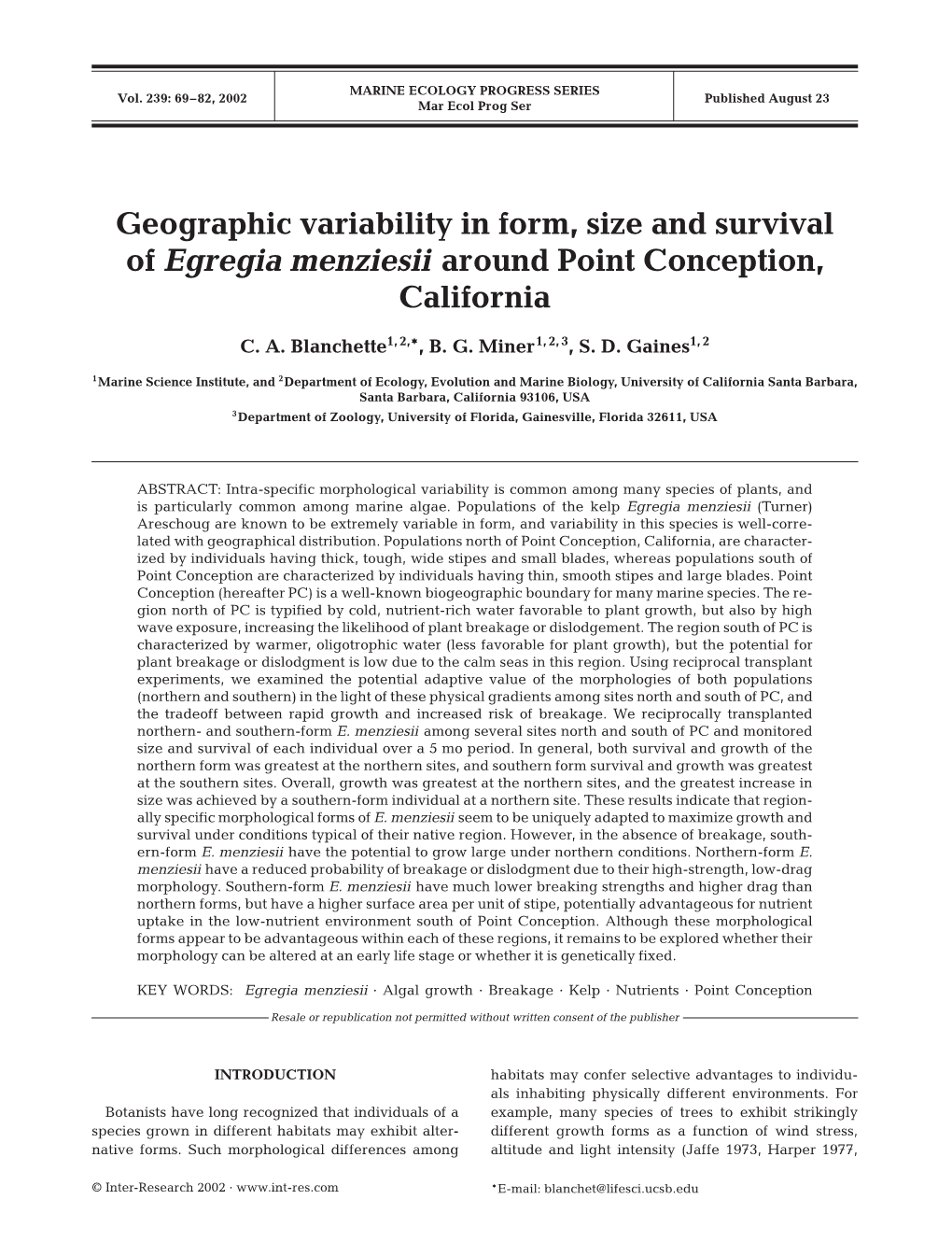 Geographic Variability in Form, Size and Survival of Egregia Menziesii Around Point Conception, California