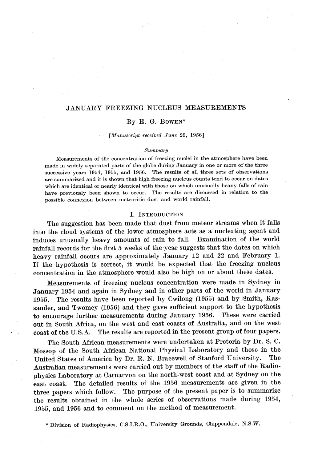 JANUARY FREEZING NUCLEUS MEASUREMENTS by E. G. Bowen